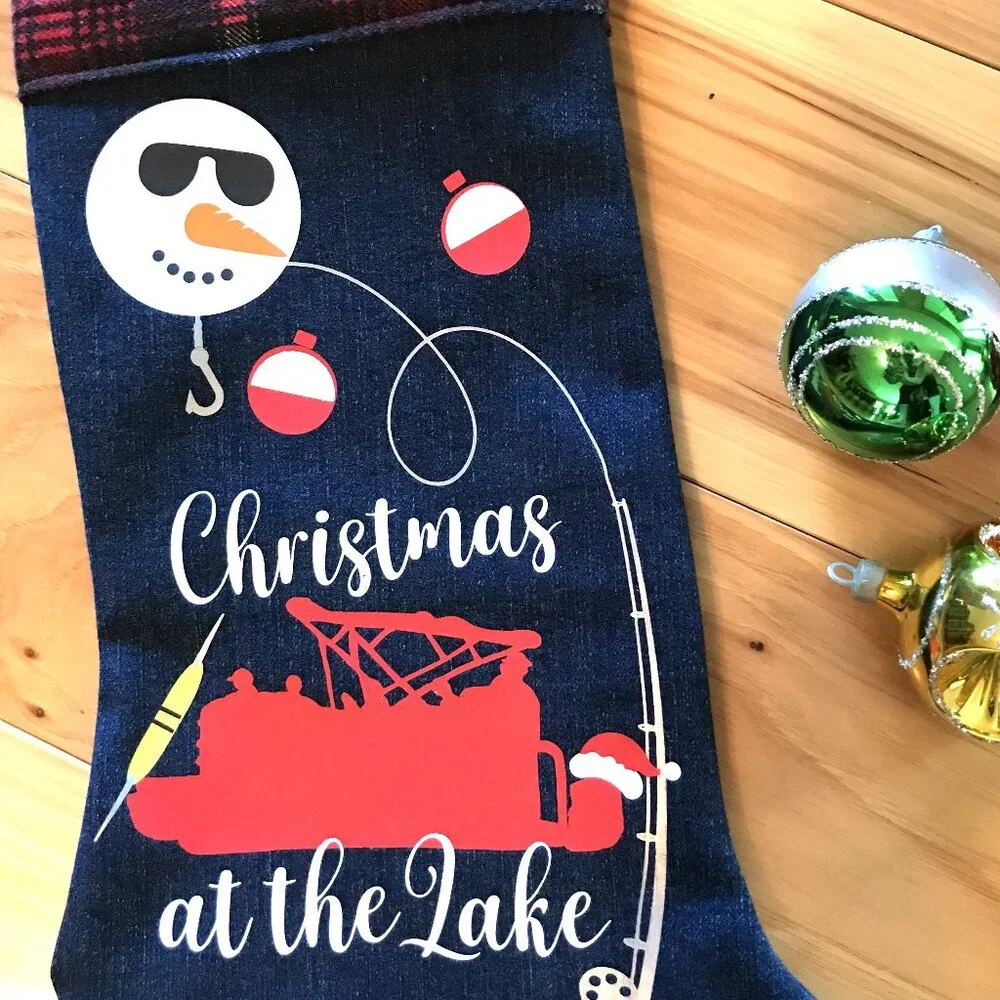 Recycled Denim Christmas Stocking, Lake Cabin Decor Pontoon Fishing Boat